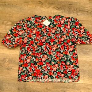 Zara Multi Color Floral Print Blouse Short Gathered Sleeves Buttons Size M